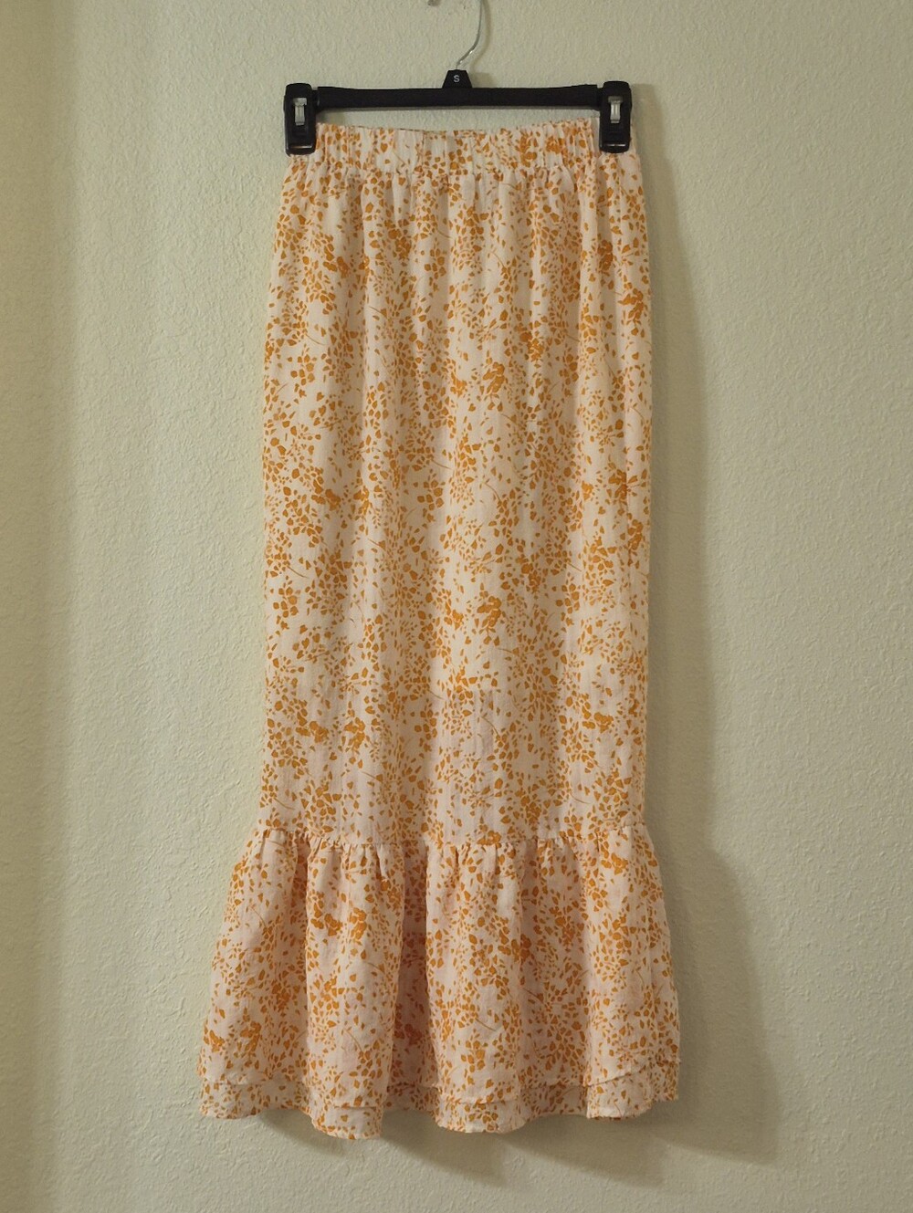 Paper Crane White and Orange Floral Ruffle-Hem Maxi Skirt